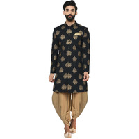 Kisah Men's Cotton Blend Full Sleeves Regular Fit Printed Black- Beige Indo-Western Sherwani Dhoti Pant Set (M)