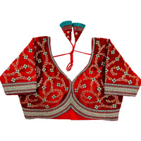 Pujia Mills Women's Velvet Heavy Codding Embroidery With Sequins Work Sweetheart Neck Blouse(Valley Red)