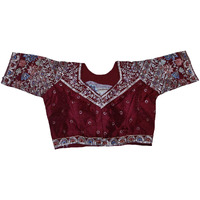 Pujia Mills Women's Ethnic Wear Golden Codding With Multi Embroidery Sequence Work Sweetheart Neck Half Sleeve Readymade Bridal Maroon Saree Blouse Net Cutwork Blouse For Lehenga