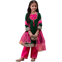 Pspeaches Girl's Silk Blend Kurta Set (Ks-Greenvelvet-14_Green