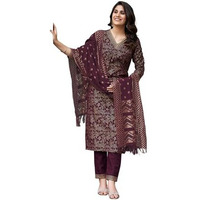 Sanisa Women's Art Silk Foil Printed Straight Kurta With Pant And Woven Dupatta (137Kbd1480Nz-M_Wine)
