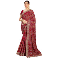 Satrani Women's Georgette Sequin Embroidery Lace & Bandhani Foil Printed Saree With Unstitched Blouse Piece (4114S657N_Dark Red)