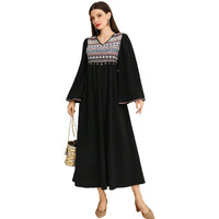 Tadkee Women's Geometric Pattern V-Neck Bell Sleeve One Piece Dress (Fn-V-Flared-One-Piece-126-Black-S)