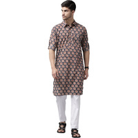 See Designs Men Blue Regular Pure Cotton Pathani Printed Men's Kurta With White Salwar_Sdpkt116401L