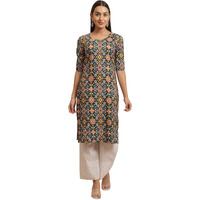 Pinkmint Women's Crepe Multicolor Ethnic Motif Printed Straight Kurti (S-530383-S)