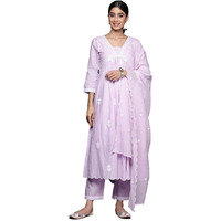 Varanga Women Lavender Embroidered A-Line Empire Kurta Paired With Tonal Bottom And Tonal Embroidered Dupatta
