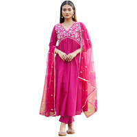 Womanista Women's Cotton Embroidered Kurtaset 1156_Fuchsia