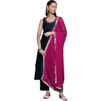 Varanga Women Navy Blue Dotted Printed Kurta, Round Neck, Paired With Tonal Bottom And Contrast Dupatta.