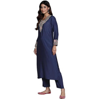Varanga Women Blue Thread Embroidered Straight Kurta With Bottom And Dupatta  Elegant Traditional Ensemble (Medium)