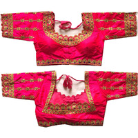 Vihu Fashion Women's Silk Floral Half Sleeve Regular Vf Hariyali Blouse Pink 38