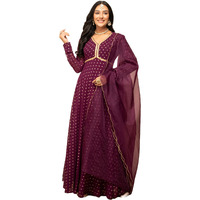 Fiorra Women's Wine Georgette Printed Gown With Dupatta Set0129