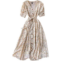 Gufrina Dresses For Women Half Sleeve || Floral Print || V-Neck And Puff Sleeves || Front Open Button & Tie-Up || Midi Dress (Beige M)