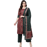 Idalia Womens Ethnic Wear Dark Green And Maroon Printed Pure Cotton Kurta Set With Dupatta For Women Fashion