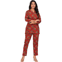 Jikonet Women Cotton Printed Co-Ord Set Kurta Set With Pant Set (Maroon, X-Large)