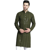 Jompers Men's Sequins Chikankari Embroidered Kurtas (Mehndi, M)