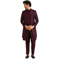 Kisah Men's Indo-Western Waistcoat Sherwani Trouser Set, Wine Blended, Embellished Regular Fit Mandarin Collar Long Sleeves (38)