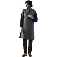 Kisah Men's Kurta Churidar Set, Black Art Silk, Embroidered Regular Fit Mandarin Collar Long Sleeves (S)