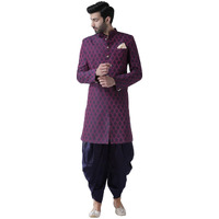 Kisah Men's Indo-Western Sherwani Dhoti Set, Purple Jacquard Woven Regular Fit Mandarin Collar Full Sleeves (M)