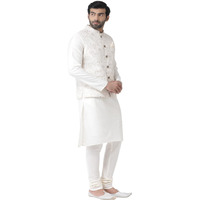 Kisah Men White Kurta With Churidar, Full Sleaves, Knee Length, Straight, Regular Fit, Mandarin Collar Ethnic Wear