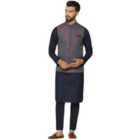 Kisah Men's Kurta Jacket Trouser Set, Blue Cotton Blend, Woven Design Full Sleeves Regular Fit Mandarin Collar (M)