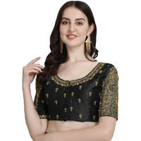 Pujia Mills Women's Silk Flower Embroidery Sleeves Cut Work Half Sleeve Readymade Saree Blouse (Gulab Rose_Black_38)