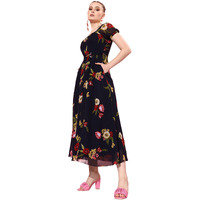 Miss Chase Women's Square Neck Short Puff Sleeve Floral Fit & Flare Georgette Midi Dress With Pockets (Mcaw22D98-04-178-02, Multicolored-Base-Navy Blue, Xs)