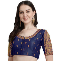 Pujia Mills Women's Flower Embroidery Sleeves Cut Work Readymade Saree Blouse (Navy Blue, 38)