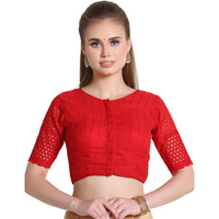 Pujia Mills Women's Trendy Hakoba Chikankari Work Half Sleeve Red Saree Blouse(Hakoba 13 Red_38)