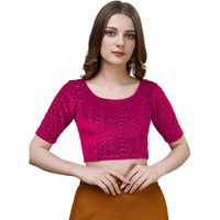 Pujia Mills Women's Readymade Hosiery Velvet Lycra Stretchable Round Neck Half Sleeve Blouse With Jari Work Fancy Pink Color Lycra Stretchable Blouse For Women Readymade Saree Blouse