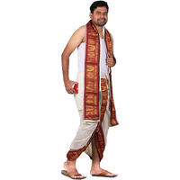 Prakasam Cotton Men's Stitched Panchakacham (Ready To Wear) Dhoti Towel Set With Pocket- Free Size. (Off White (Namam))