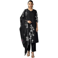 Sanisa Women's Silk Blend Embroidery And Mirror Work Straight Kurta With Pant And Dupatta Set (187Kbd1994N-M_Black)