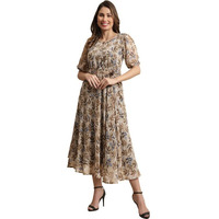 Preneum Women Fit & Flare Latest Style Print Georgette Regular Sleeves Casual Summer Maxi Dress | Festival & Occasion, Brown, L