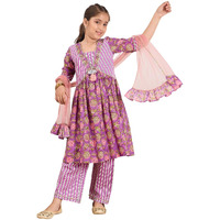 Pspeaches Girl's Cotton Regular Kurta Set (Ks-Purplestripe-6-7Y_Purple