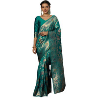 Satrani Women's Silk Blend Weaving Banarasi Saree With Unstitched Blouse Piece (4100S732N_Teal Green.1)