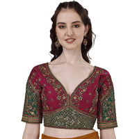 Pujia Mills Women's Heavy Embroidery Coding With Sequins Work Half Sleeves Fancy Readymade Saree Blouse(Rajwadi Maroon_42)