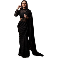 Satrani Women's Embroidered Georgette Saree With Unstitched Blouse Piece (2845S243_Black)