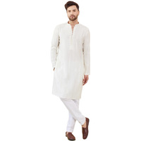 See Designs Men Full Sleeve Side Slit Off White And Gold Chanderi Silk Sequins Mandarin Collar Kurta - Sd2Kt_2437Xs
