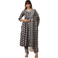 Tadkee Women's Cotton Blend Kurta Set (Fn-Kurta-Set-Dupatta-133-Grey-L_Grey_L)