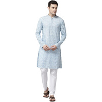 See Designs Men Full Sleeve Side Slit Sky Blue & White Pure Cotton Embroidered Staright Mandarin Collar Kurta - Sd2Mekt_1268Xl