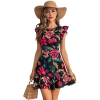 Shasmi Girl's & Women's Black Floral Print Cap Sleeve Ruffle Trim Short Dress Summer Boho One Piece Mini Dress For Women Stylish Dresses (Midi 170 Black-Xl)