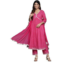 Varanga Women Fuchsia Leheriya Print V-Neck With Lace Detail A Line Kurta With Bottom And Dupatta.