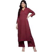 Varanga Women Maroon V Neck Three Quarter Sleeves Cotton Lace Straight Kurta With Tonal Bottom - Casual Ethnic Suit Set For Women (Medium)