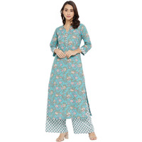 Tissu Women's Cotton Sea Green & Pink Floral Printed Kurta With Palazzo (Tis-600_Green_8Xl)