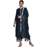 Varanga Women Navy Blue Embroidered Straight Kurta Paired With Tonal Bottom And Dotted Dupatta With Four Sided Fringes