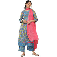 Varanga Women Blue Floral Printed Anarkali Kurta Paired With Printed Palazzo And Dupatta