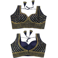Vihu Fashion Women's Readymade Blouse Embroidery Multi Coding Gold Thread Indian Ethnic Designer Stitched Readymade Saree Sleeveless Navy Blue Blouse For Women For Saree Lehenga Choli