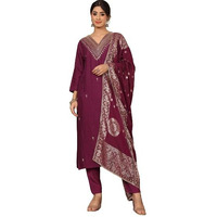 Varanga Women Pure Silk Purple Zari Embroidered Kurta With Bottom And Dupatta