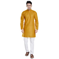 Divisive Men's Plain Cotton Blend Linen Slim Fit Kurta Pyjama Set (Dkrt65_S_Mustard)