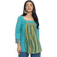 Fabindia Women's Striped Slim Fit Short Kurta (2106487Turquoise_Turquoise