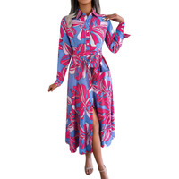 Gufrina Women's Crepe Midi Dress With Full Sleeves Floral Printed Collar Neck Maxi Length Regular Fit And A Line Style Pink